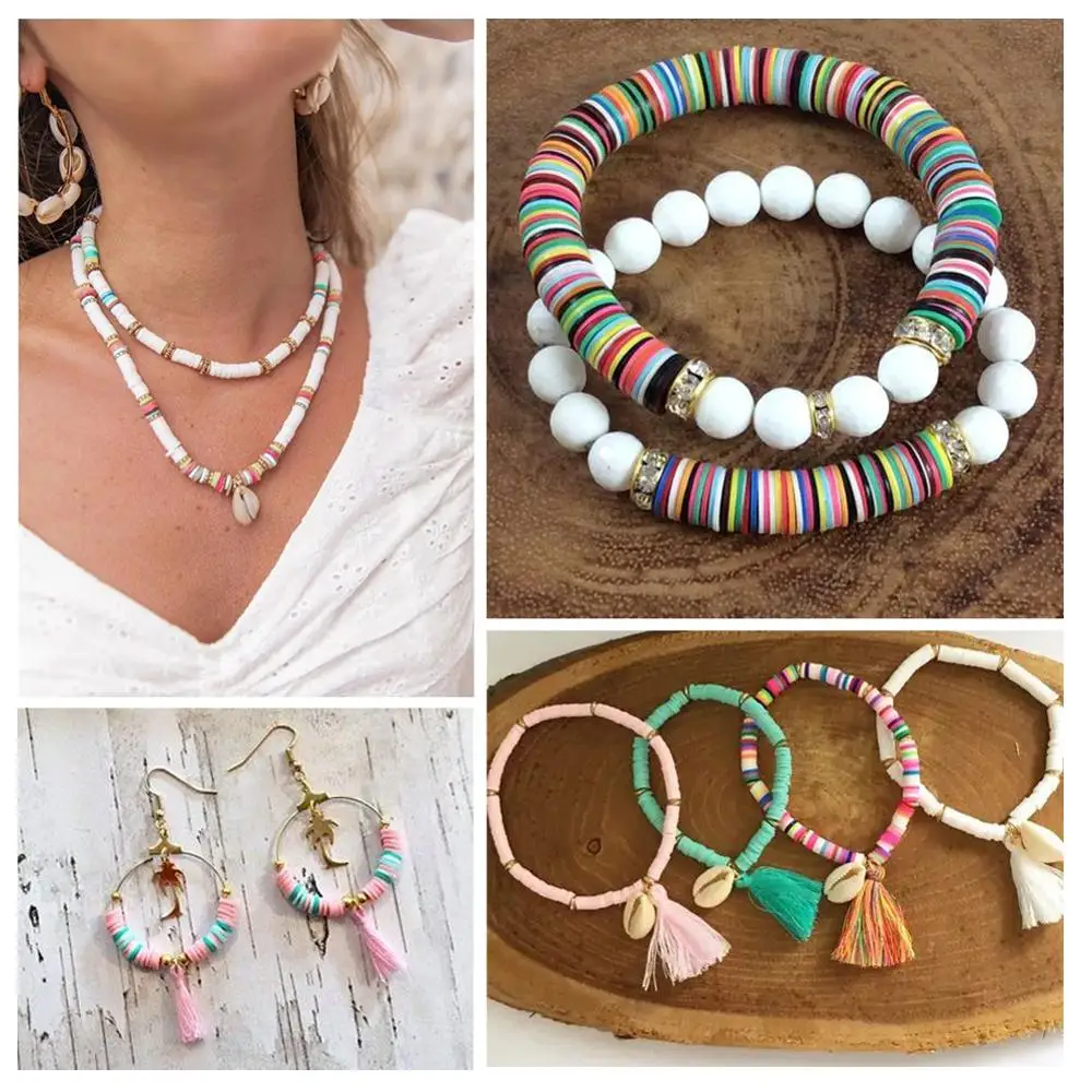 Surtidos de abalorios color blanco pulseras joyería 1 hebra plana redonda de polimérica cuentas de 6 mm Heishi sueltas 380 ~ 400 unids/hebra para collares pendientes vemax.es