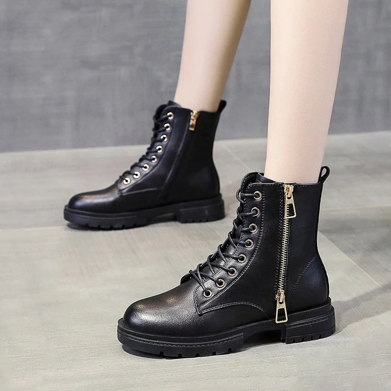 Botas de Martin negras para mujer, zapatos a la moda, botines con apertura  por botón, botines de estudiante para mujer|Botas hasta el tobillo| -  AliExpress