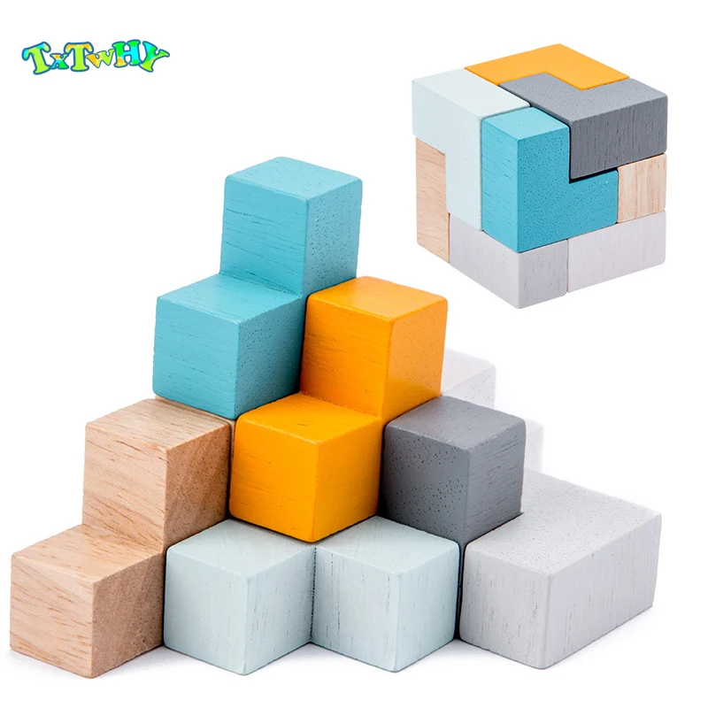 

Wooden toy Wooden magic cube puzzle block building block Domino in Iron box Educational for Travel Children Adult Travel Game