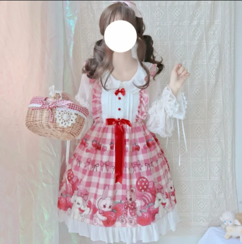 Студенческий стиль клубника медведь печать Vestidos Готический японский платье cos кружево Высокая талия дворец Виктория Лолита jsk платье