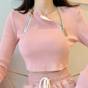 

Spring Women Zipper O Neck T Shirt Casual Long Sleeve Korean Sexy Solid Color Streetwear Slim Fit Elegant Ladies Tee Shirt Femme