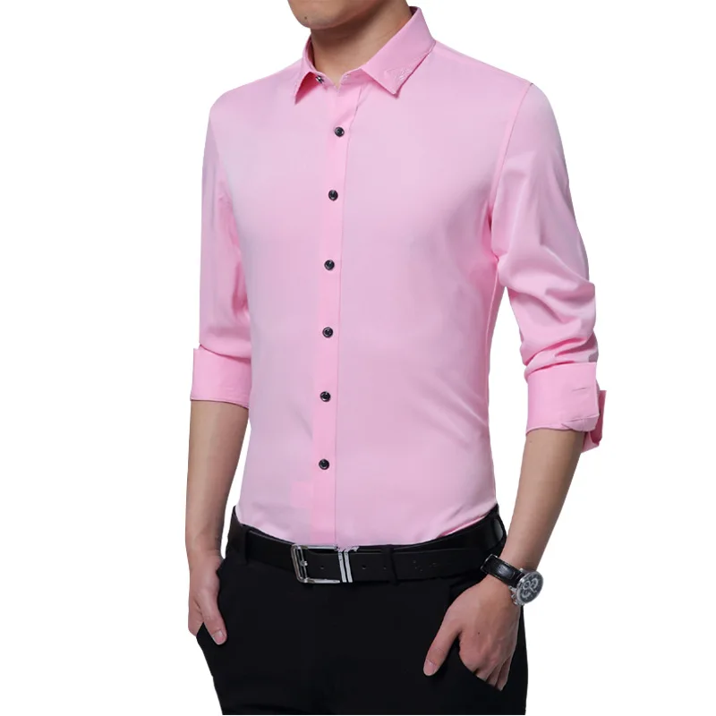 Мода деловая Мужская рубашка новая брендовая приталенная однотонная универсальная рубашка мужская с длинным рукавом простая выпускная смокинг блузка Homme - Цвет: Розовый