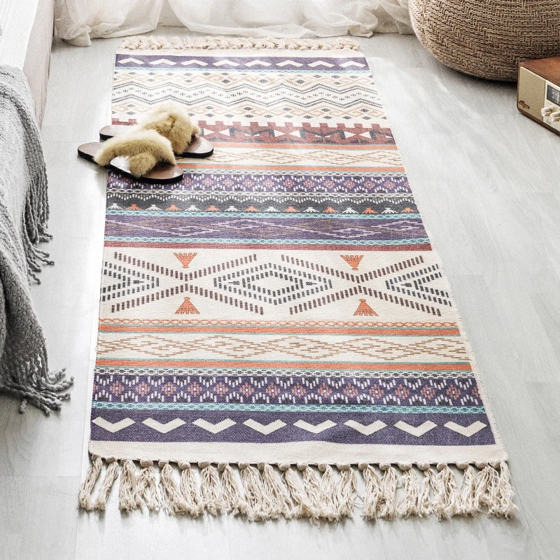 SMASAMDE Cotton Carpet with Fringed 23.62x59.06in+7.87 in Tassel Table Linens Handmade Flatweave Bohemian Simple Fringed Living Room Bedroom Bedside Mats 