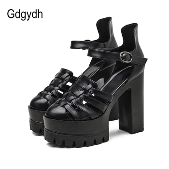 

Gdgydh Black Leather High Heeled Platform Sandals Women Vintage Roman Style Fashion Buckle Model Shoes Thick Heel Comfort 2020