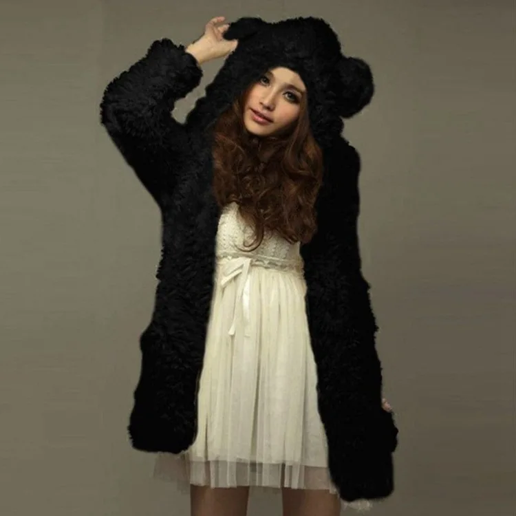Lugentolo пальто куртки для женщин сплошной цвет осень зима милый медведь уши с капюшоном Плюшевые открытый стежка - Цвет: Черный