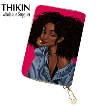 

THIKIN Women Card Holders Leather Black Art African Girl Print Credit Card Holder Storage Case Ladies Porte Carte Travel Wallet