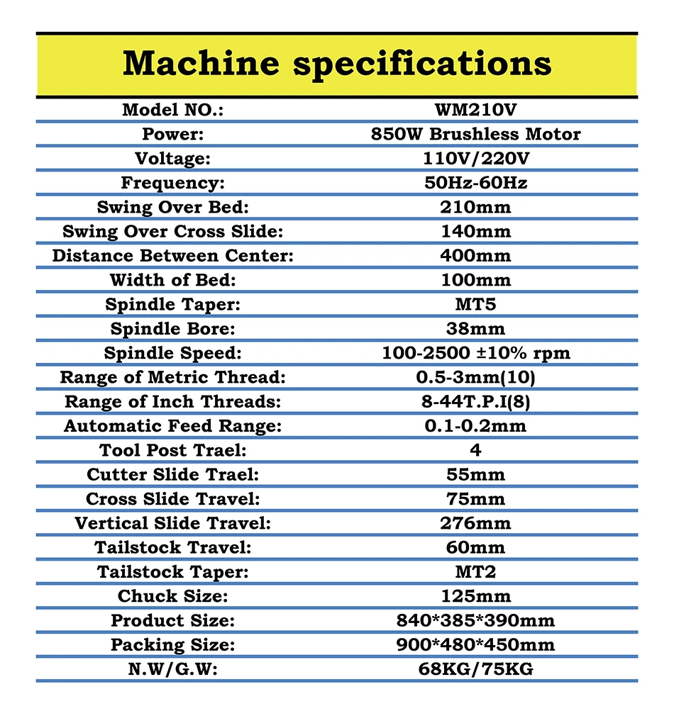 Металлический токарный станок WM210V 850 Вт бесщеточный двигатель цельностальной
