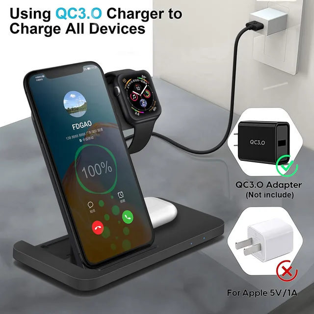 20W 3 in 1 Qi Wireless Charger for iPhone Apple Watch AirPods Pro Fast Charging Dock Station 6