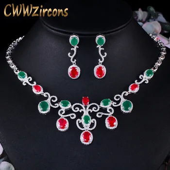 

CWWZircons Vintage African Green Red Cubic Zirconia Wedding Necklace and Earrings Brides Jewelry Set Costume Accessories T463