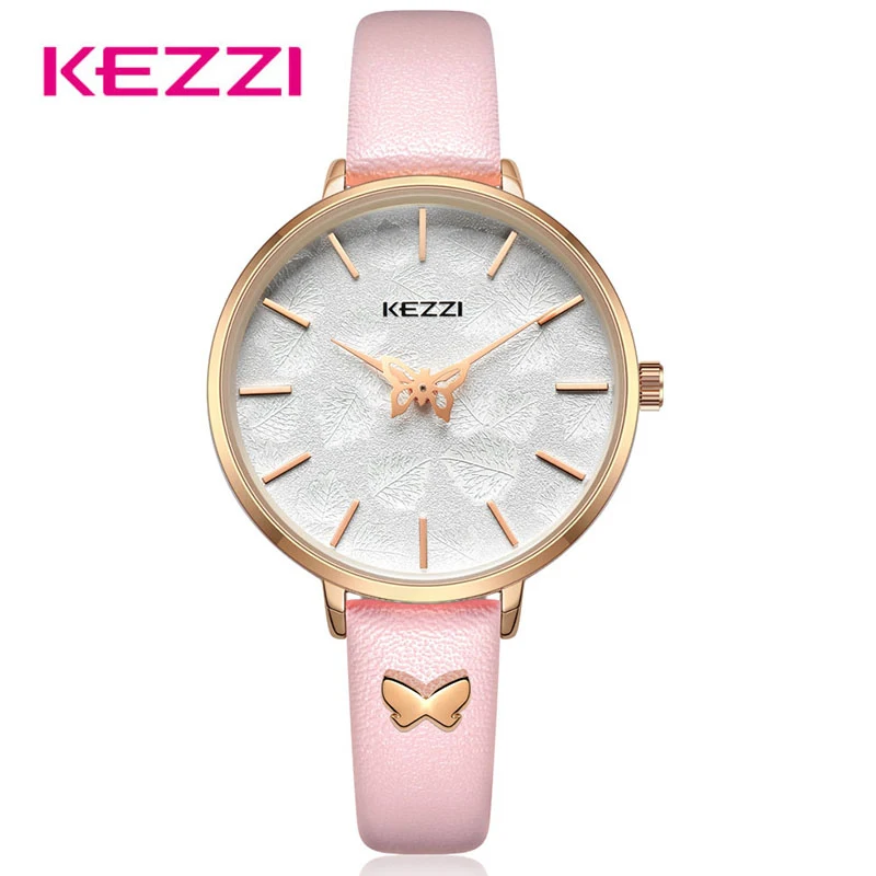 

KEZZI Women Quartz Watch Fashion Casual Waterproof Leather Wristwatch Simple Large Dial Print Butterfly Watches