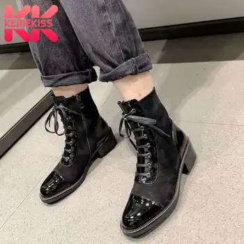 

KemeKiss Square Heel Women Ankel Boots Real Leather Lacing Shoes Woman Round Toe Casual Office Female Winter Footwear Size 34-39