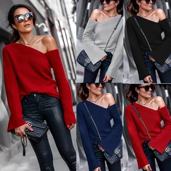 

2020 New Spring And Autumn Off-shoulder Sweater Women Long Sleeve Slash Neck Solid Color Sweaters Casual Knitted Womens Sweaters