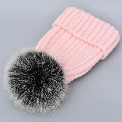 Hot Sale Winter Baby Women Kid Hat Real Fox Fur Hats Mom Baby Hat with Pompon Family Matching Beanie Hairball Kids Cap Outfits - Цвет: E without velvet