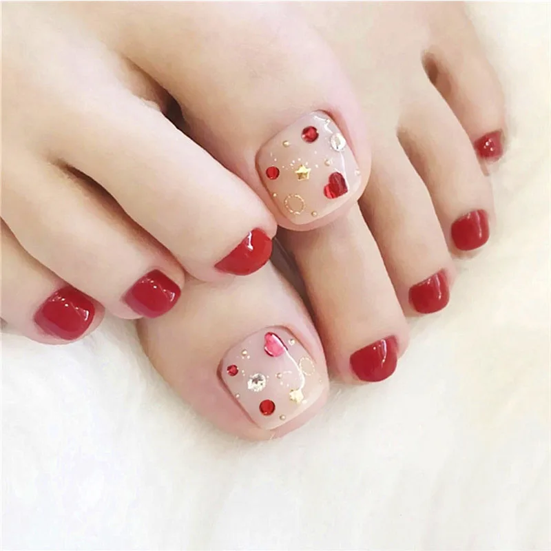 

24pcs Wedding Elegant Red Full Cover Fake Toenails Red Rhinestone Decoration with Glue Press on Artificial Toe Nail Tip TN