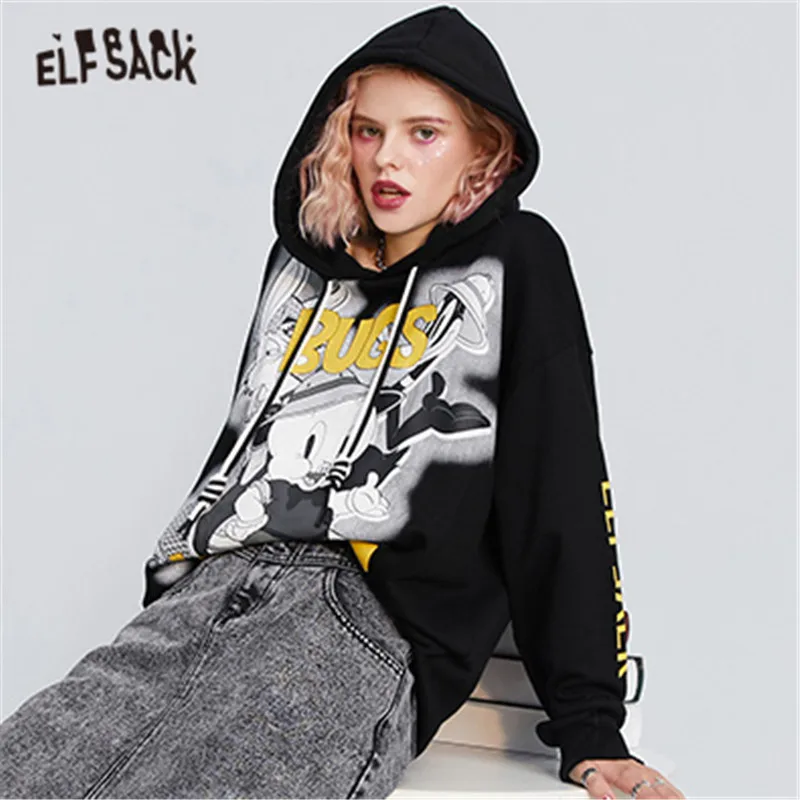 ELFSACK Harajuku Black Cartoon Print Casual