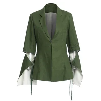 

DEAT Women Green Bandage Irregular Big Size Blazer New Lapel Long Sleeve Loose Fit Jacket Fashion Spring Autumn 2020 1Z177