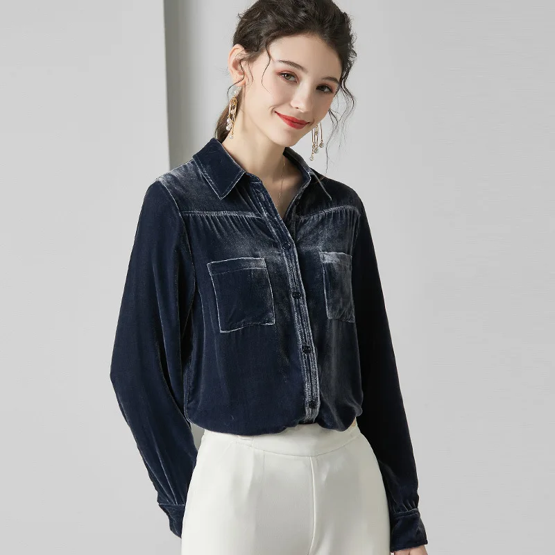 

Silk Velvet Blouses Women Long Sleeve Shirts Womens Clothing Vintage Ladies Tops Loose Casual Shirt Fashionable Lazy Oaf Red Top