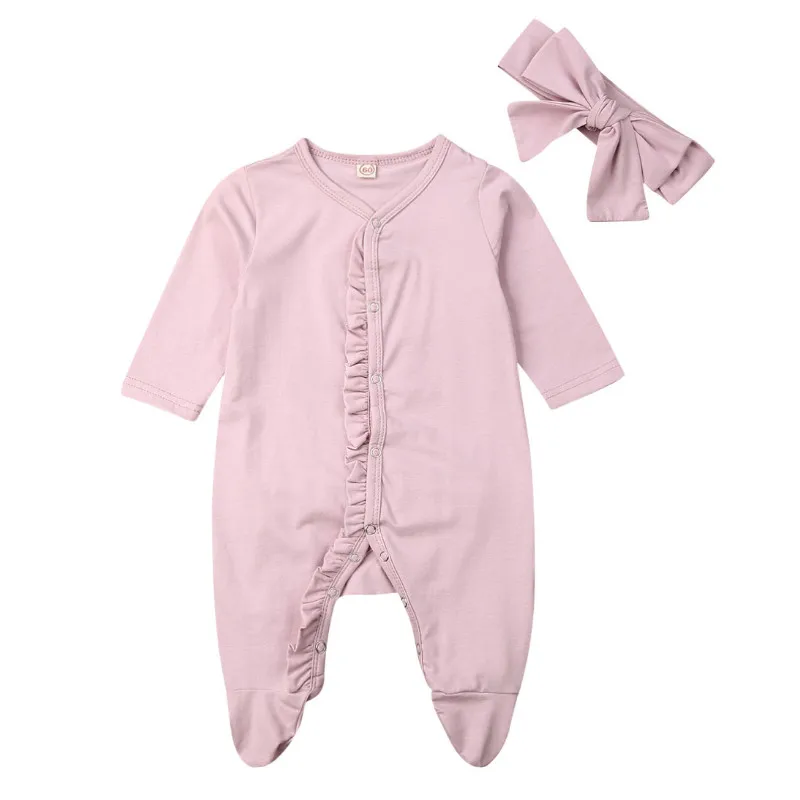 Фиолетовый Emmababy, 2 предмета, для новорожденных, для маленьких мальчиков и девочек, с длинными рукавами, хлопок, на пуговицах, Детский комбинезон с повязкой-бантом, осенняя одежда - Цвет: Фиолетовый