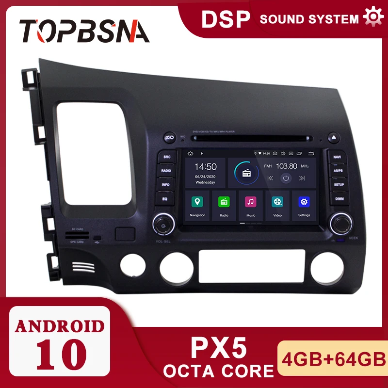 TOPBSNA Android 10 Автомобильный DVD плеер для Honda Civic 2005 2006 2007 2008 2009 2010 2011 GPS навигация 2 din