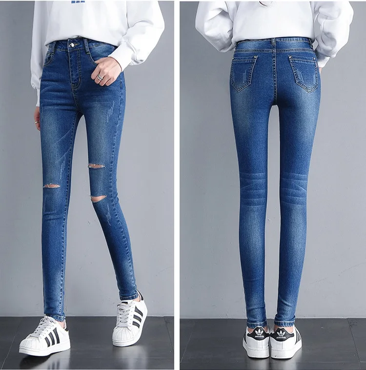 Jeans woman Pencil Pants High Waist Student Slim Calf three holes Jeans Women 2020 Summer