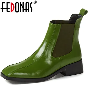 

FEDONAS 2020 Autumn Winter Ankle Boots Genuine Leather Concise Elastic Band Thick Heels Shoes Woman Party Working Boots Boots