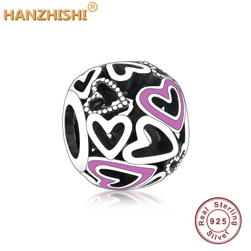 925 стерлингового серебра розовое эмалированное сердце ажурные амулеты из бус