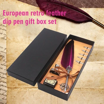

Natural Feather Birthday Fountain Pen Gift Box Office DIP Wedding Home Calligraphy Quill Retro Style European Writing Stationery