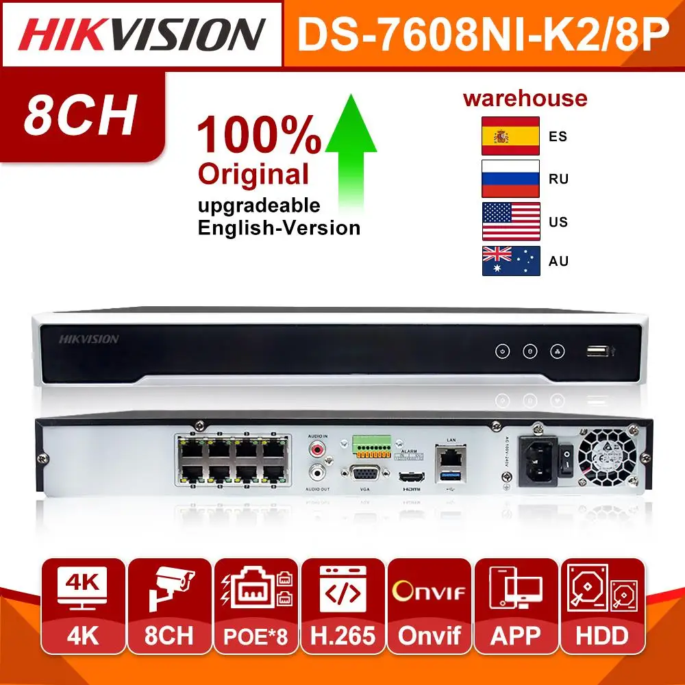 Hikvision оригинальный Nvr DS 7608NI K2/8 P 4K видео рекордер 8CH 2SATA 8 POE порты Plug and Play nvr для