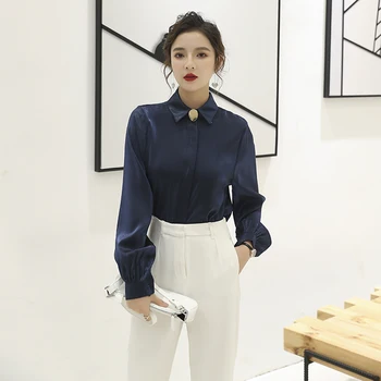 

Spring Fall Casual Blouses Korean Version Lapel Single Breasted Lantern Sleeve Solid Office Lady Work Shirts Women Tops TA9114