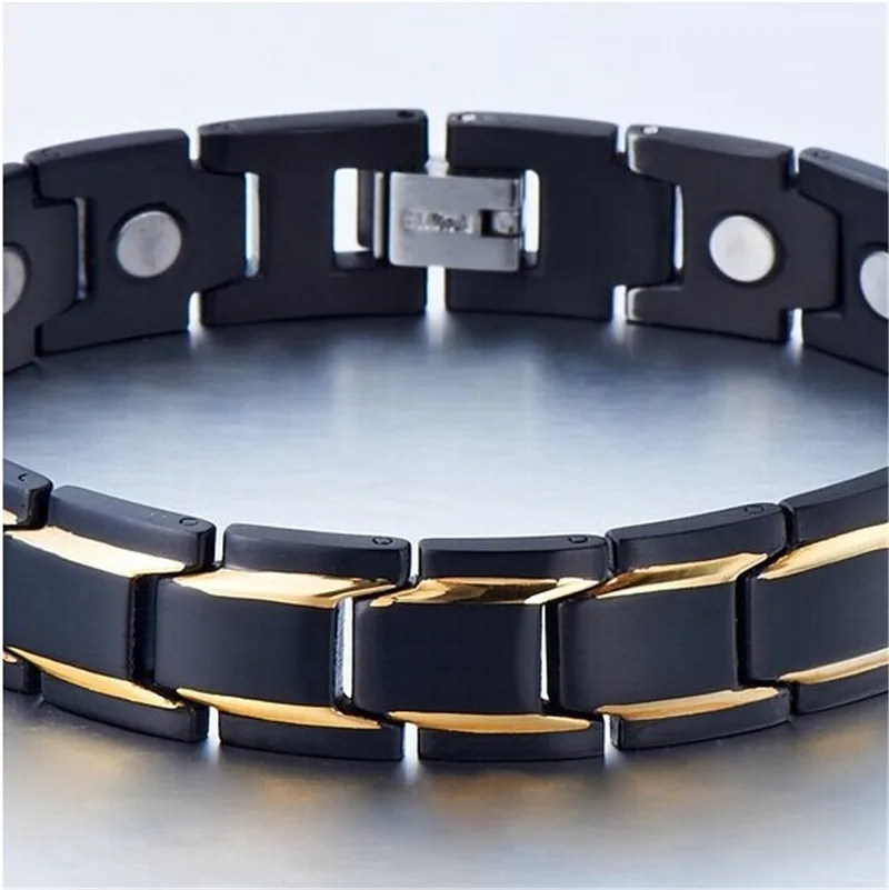 

Hot Sales Titanium Steel Gold Black Bracelets Fashion Men Stainless Steel Magnetite Health Bracelets Spacious Electroplated
