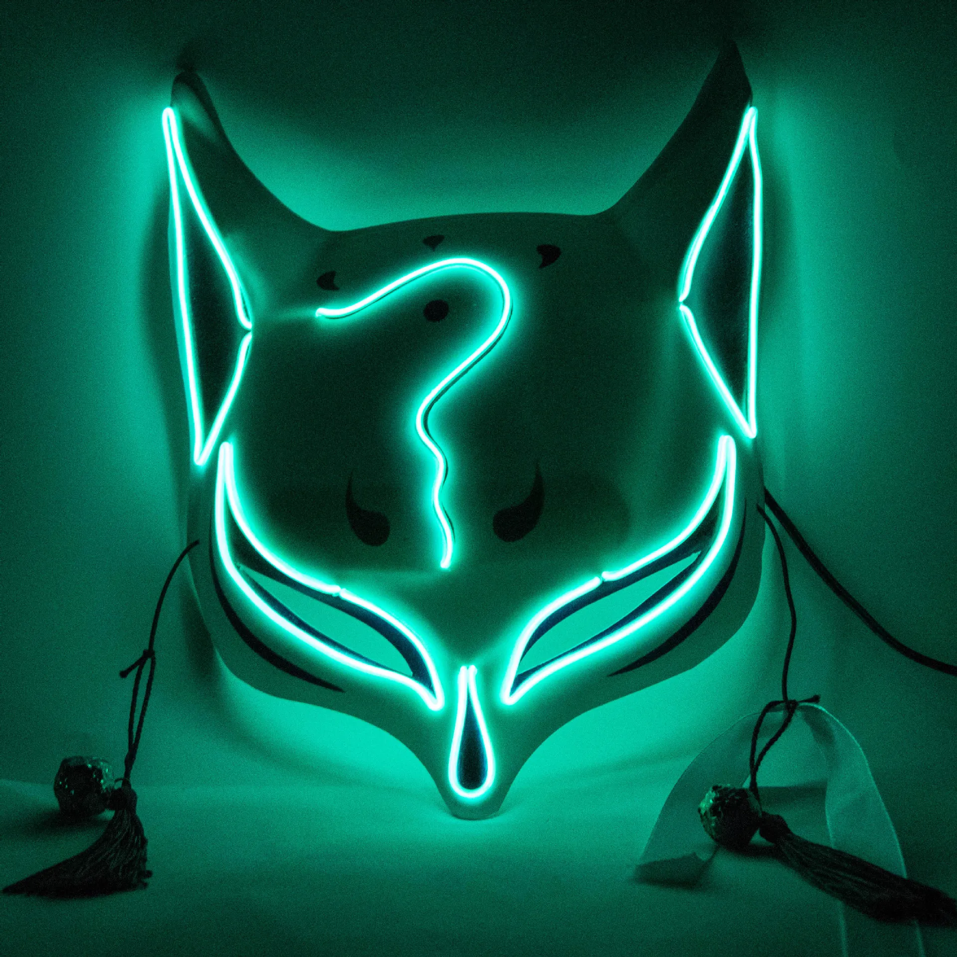 Cyber LED Kitsune Fox Mask - Japanese Tattoo Oni Plastic Mask Unisex Lime Green