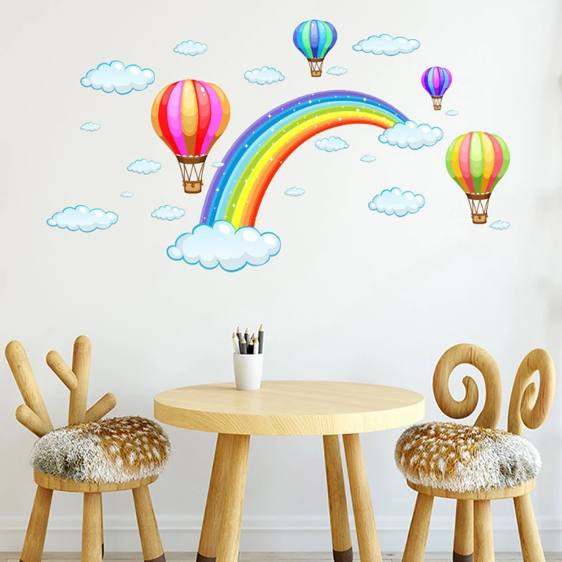 

Cartoon Rainbow Cloud Hot Air Balloon Wall Stickers Living Room Wallpaper Self Adhesive PVC Art Decal Kids Bedroom Home Decor