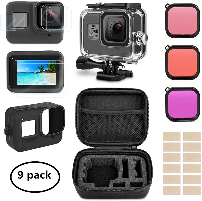 Аксессуары совместимы с GoPro Hero 8, включая чехол для путешествий+ Водонепроницаемый чехол+ закаленное стекло для защиты экрана силиконовый чехол