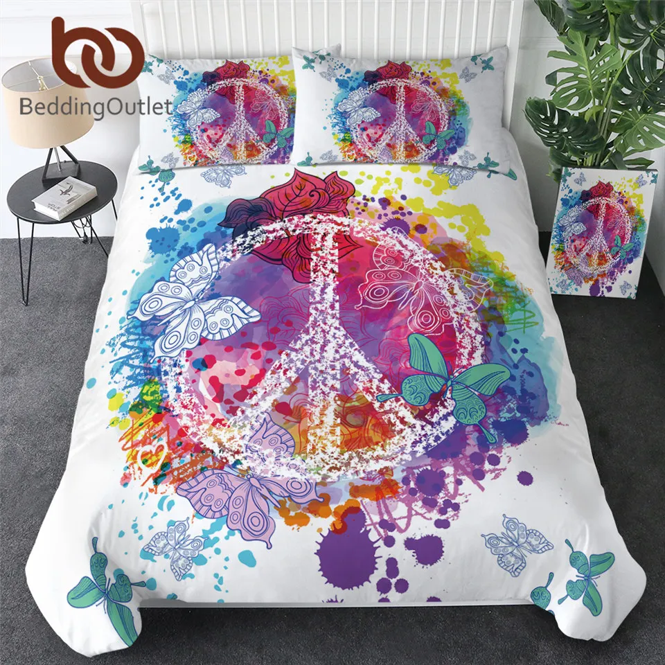 BeddingOutlet Watercolor Butterfly Bedding Set Colorful Printed Quilt Cover With Pillowcases Peace Design Bed Set 3-Piece
