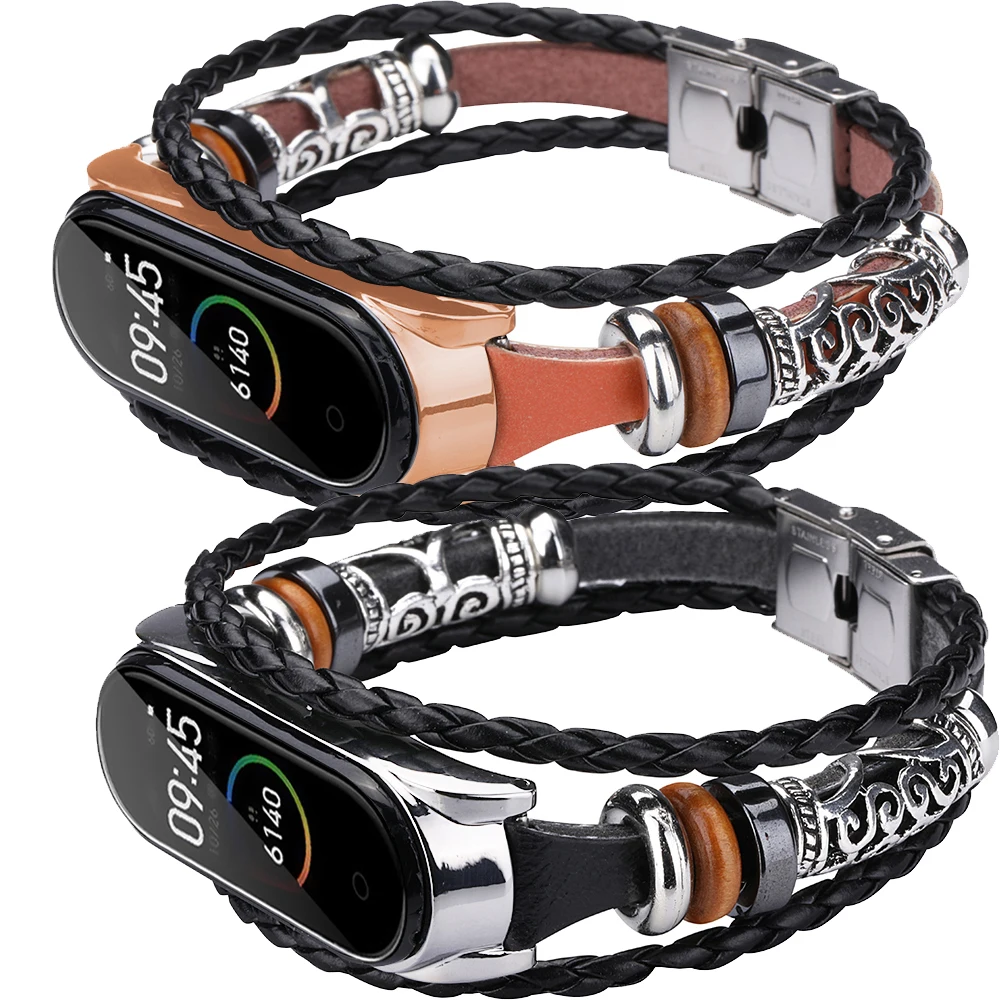 Leather Weave Wrist Strap For Mi Band 5 4 3 Smart Bracelet Replacement Metal Frame Watchband Xiaomi Miband Correa Bands | Электроника