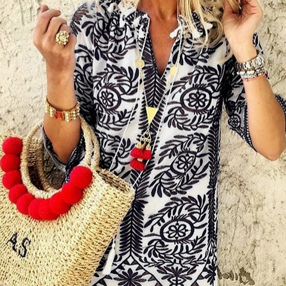

Autumn Winter Slim Fit Cotton and linen Ladies Blouses And Tops Casual 2019 Flower Half Sleeve Blouse women V Neck Shirt