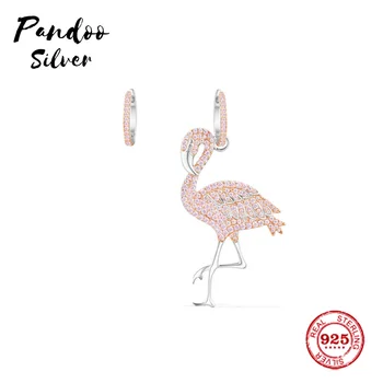 

Pandoo Fashion Charm Sterling Silver Original 1:1 Copy,Silver Pink Flamingo Asymmetric Earrings Luxury Jewelry Gift For Female
