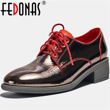 

FEDONAS Casual Women Patent Leather Shoes 2020 Spring Summer Narrow Band Round Toe Square Heel Comfortable Lace-Up Shoes Woman