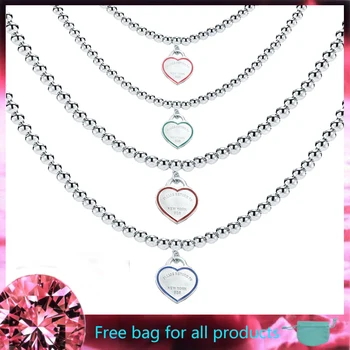 

LOVE Heart Pendant Necklaces S925 Sterling Silver Enamel silverware 4mm round beads Women's necklace jewelry Valentine's gift