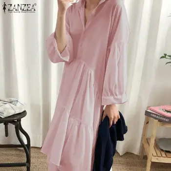 

Spring Pleated Sundress ZANZEA Women Casual Solid Lapel Long Shirt Dress Fashion Long Sleeve Work OL Loose Vestidos Female Robe