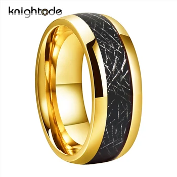 

High Polishing 6mm 8mm Gold Tungsten Carbide Ring For Men Women Wedding Band With Black Meteorite Inlay Dome Band Comfort Fit