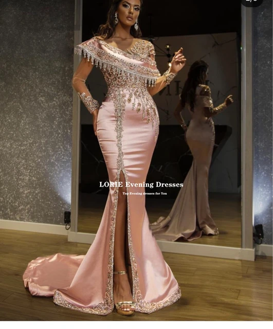 LORIE Crystals Beads Pink Satin Evening Dresses Dubai Arabic Abiye Formal Prom Party Gowns With Split 2021 Celebrity Dresses Pink