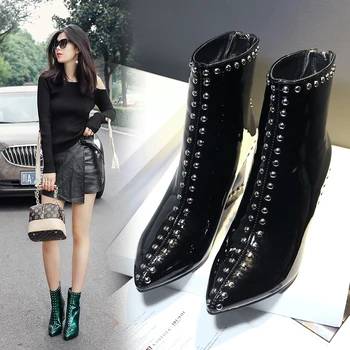 

Patent Leather Ankle Women Boots Autumn Pointed Toe Rivet Boot Thick High Heels Ladies Shoes New Footwear Free Shipping 34-40