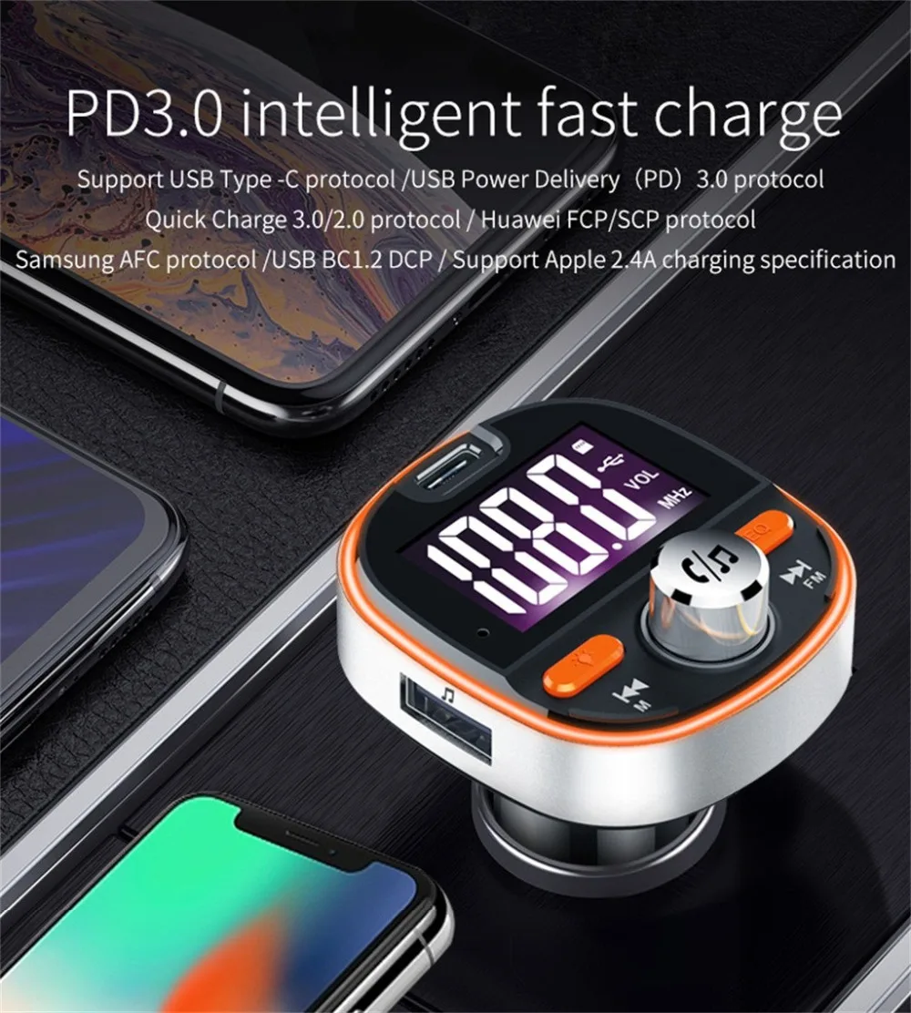 Fm-передатчик модулятор стерео радио mp3-плеер QC3.0 Быстрая зарядка USB зарядное устройство TF Bluetooth красочный светильник для автомобиля#1010