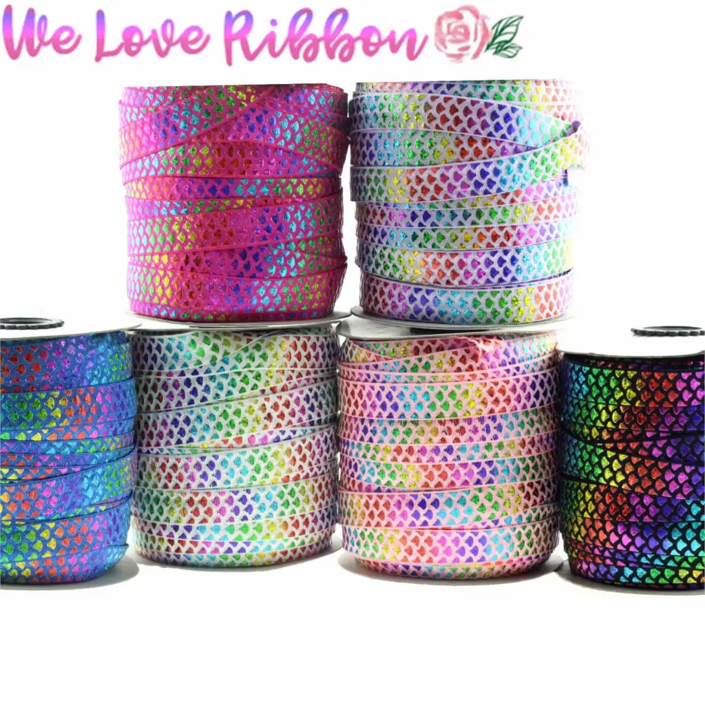 5/8&quot16mm 10yards/roll Stock Sale Scale Patterns Hologram Rainbow Foil Printed Fold Over Elastic Ribbon Handmade Party Decor | Дом и сад