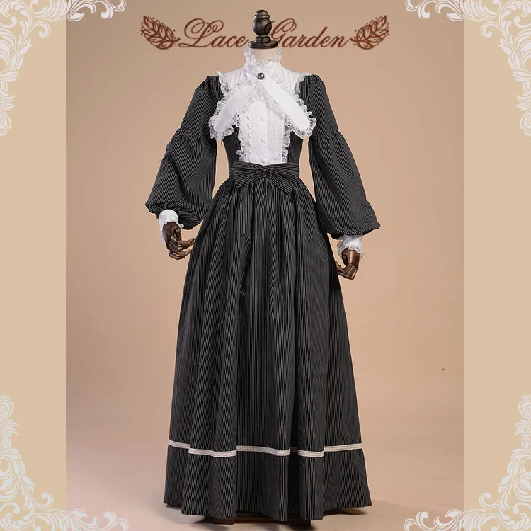 

2019 Retro French Court Stand Collar Autumn Long Sleeve Lace Double Layer Dress Black Cosplay Costume
