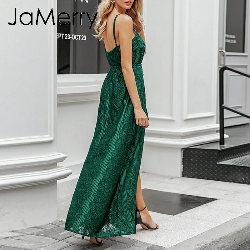JaMerry винтажное сексуальное длинное вечернее платье без рукавов с высокой талией, зеленое кружевное платье с цветочным рисунком, элегантное шикарное платье с v-образным вырезом и открытой спиной, Макси платья