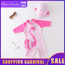 Купальный костюм для девочек, Цельный купальник с шапочкой для девочек, розовый детский купальный костюм с длинными рукавами и фламинго пляжный детский купальный костюм