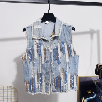 

Summer Harajuku Denim Vest Women Sequins Sleeveless Jacket Fashion Short Hole Jeans Vests Female Loose Women Waistcoat Tide H211