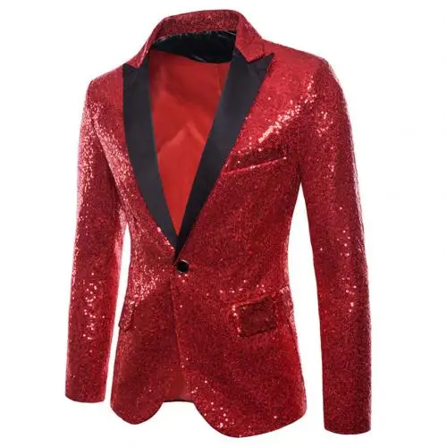 Горячие мужчины шикарный Мужчины сплошной цвет воротник с лацканами Блестящие Блестки кнопки стройнящий клуб Блейзер Куртка Свадебная вечеринка костюм пиджак - Цвет: Красный